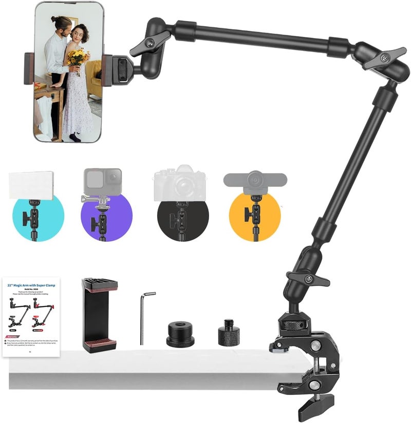 JEBUTU 22" Magic Arm w Clamp, Overhead Phone Mount, Desk Camera Mount w Articulating Friction Boom Arm Thread Adapter, for Phone Video Light Webcam Microphone Action Camera Content Creators - Image 1